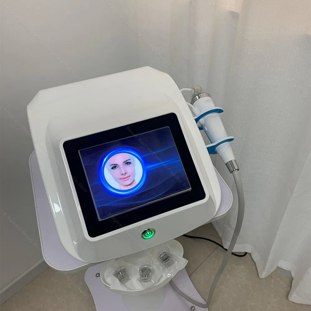 Portable RF microneedle skin tightening machine with touch screen display, applicator handpiece, and replacement tips.