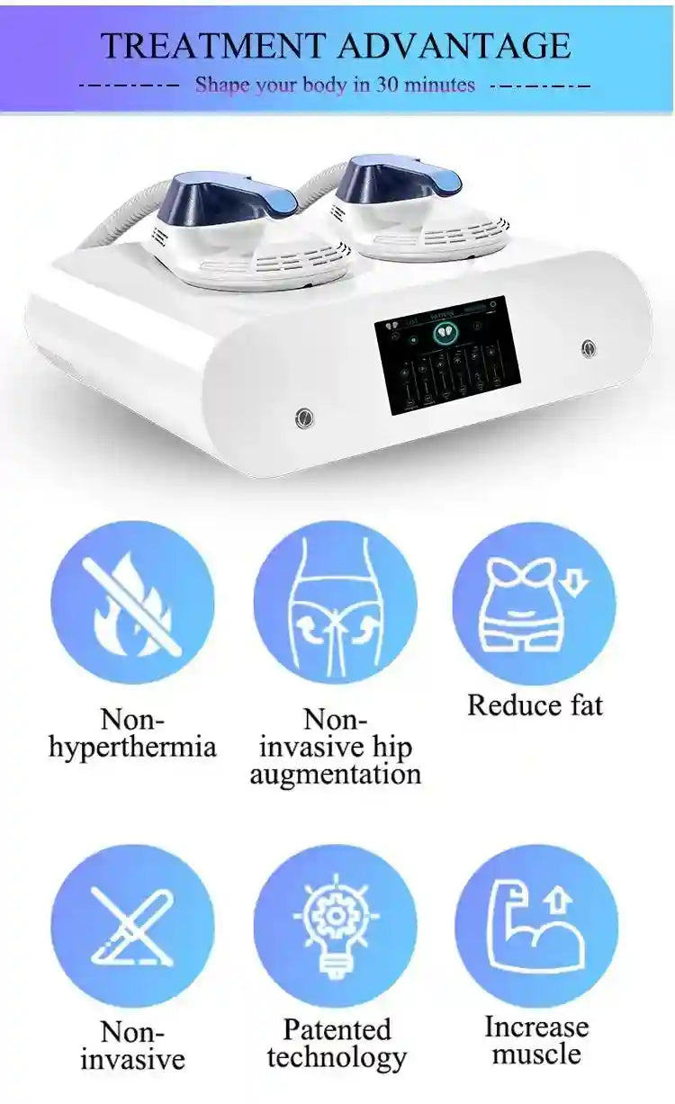 HIEMT EMS body sculpting machine with white console, two applicators, and icons for fat reduction and muscle building.