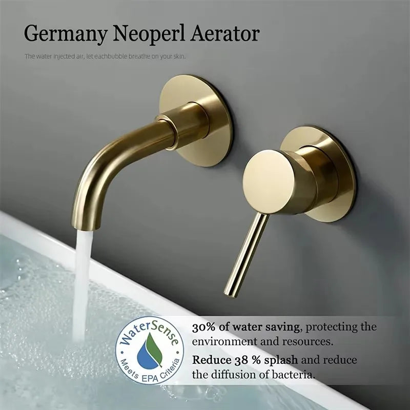 Wall Mounted Basin Mixer Tap, Single Lever Hot Cold Concealed Bathroom Sink Faucet, 2-Piece Wall Mount Brass Vanity Tap with Long Spout, Modern Minimalist G1/2 EU Standard for Bathroom Renovation