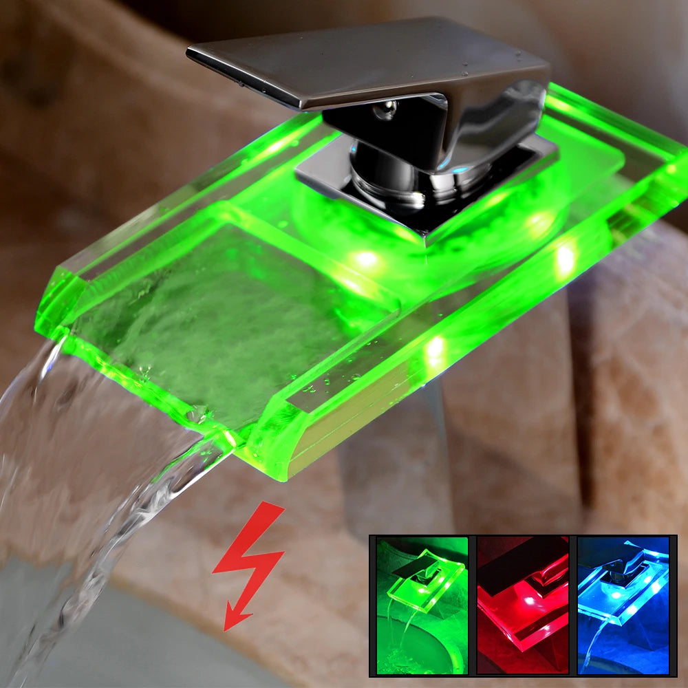 Smart Bathroom Faucet with Temp Light, Anti-Scald LED Indicator, Brass Construction, Waterfall Faucet, LED Color Changing