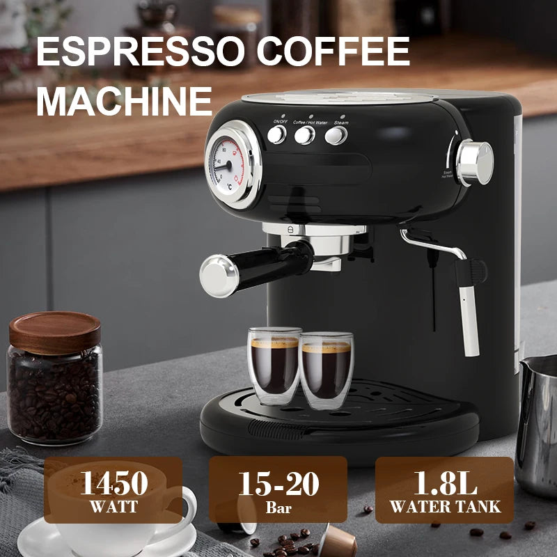 Black 1450W espresso coffee machine with 1.8L water tank, steam wand, pressure gauge, and two glass coffee cups.