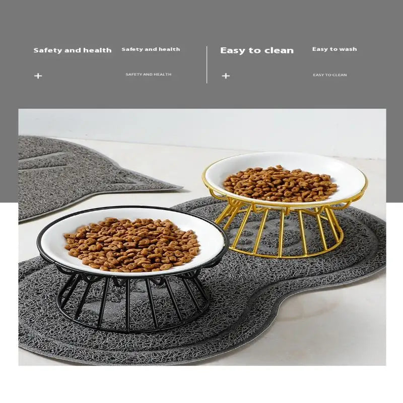 Raised ceramic cat and dog bowls with gold and black metal stands for healthy, easy-to-clean pet feeding.