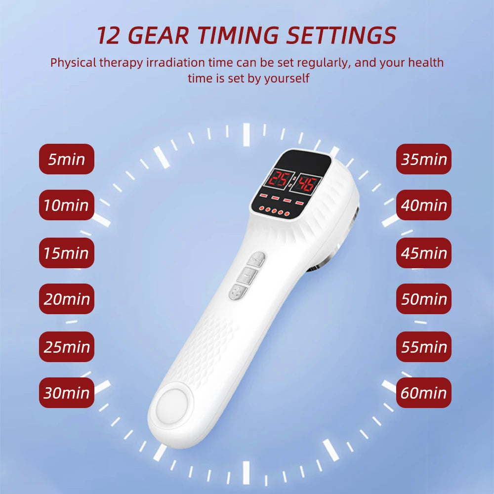 White handheld infrared therapy device with digital display, surrounded by 12 clickable buttons for timing settings.