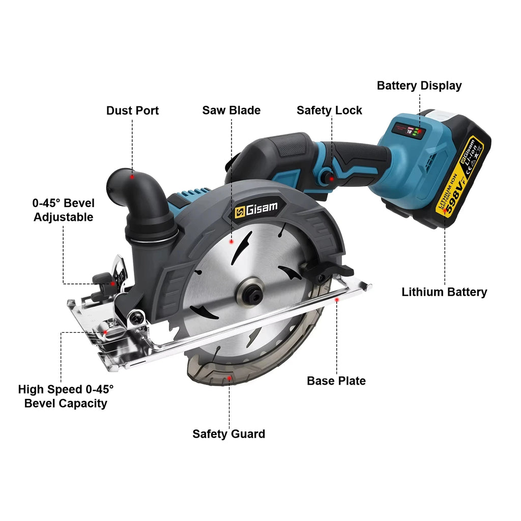 Gisam 165mm 10000RPM Brushless Electric Circular Saw Cordless Adjustbale Angle Woodworking Power Tool For Makita 18v Battey Pins