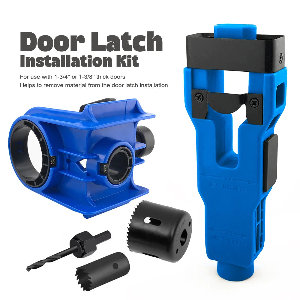 Blue and black door latch installation jig kit with hole saw and mortise blades