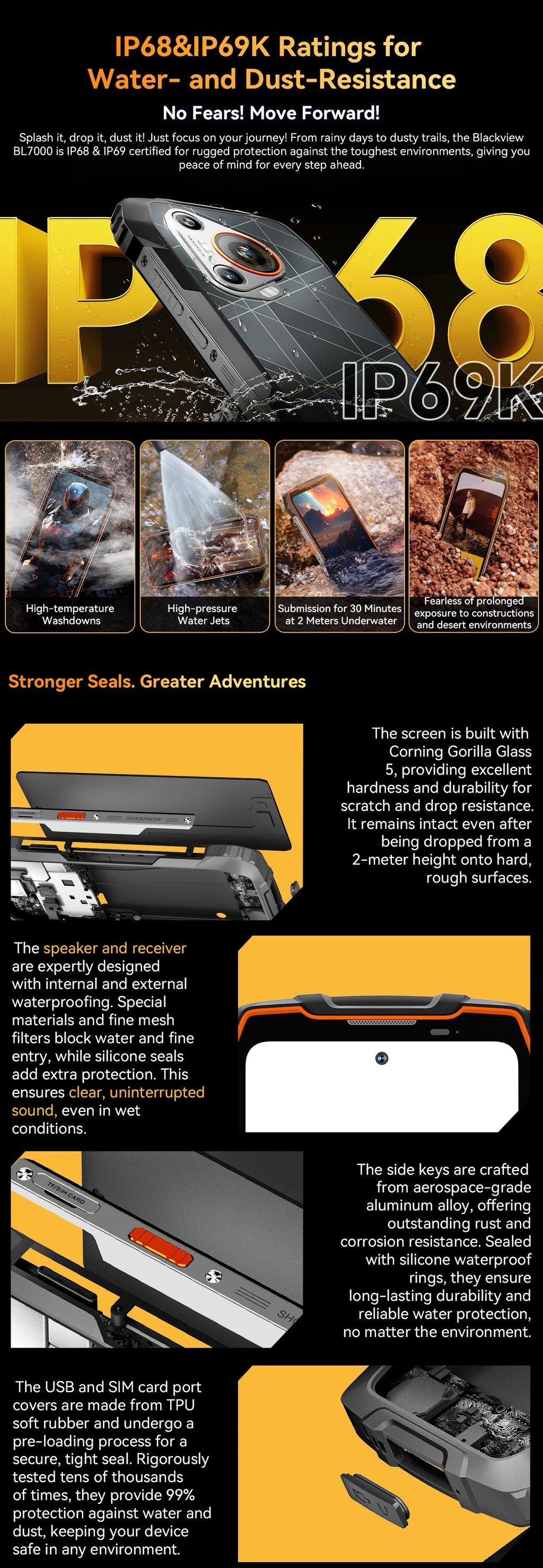 BLACKVIEW BL7000 5G AI Rugged Phone Deepseek GPT Android 15 Smartphone, 6.78" HD+2.4K Display 120Hz, 8GB RAM 256GB, 7500Amh