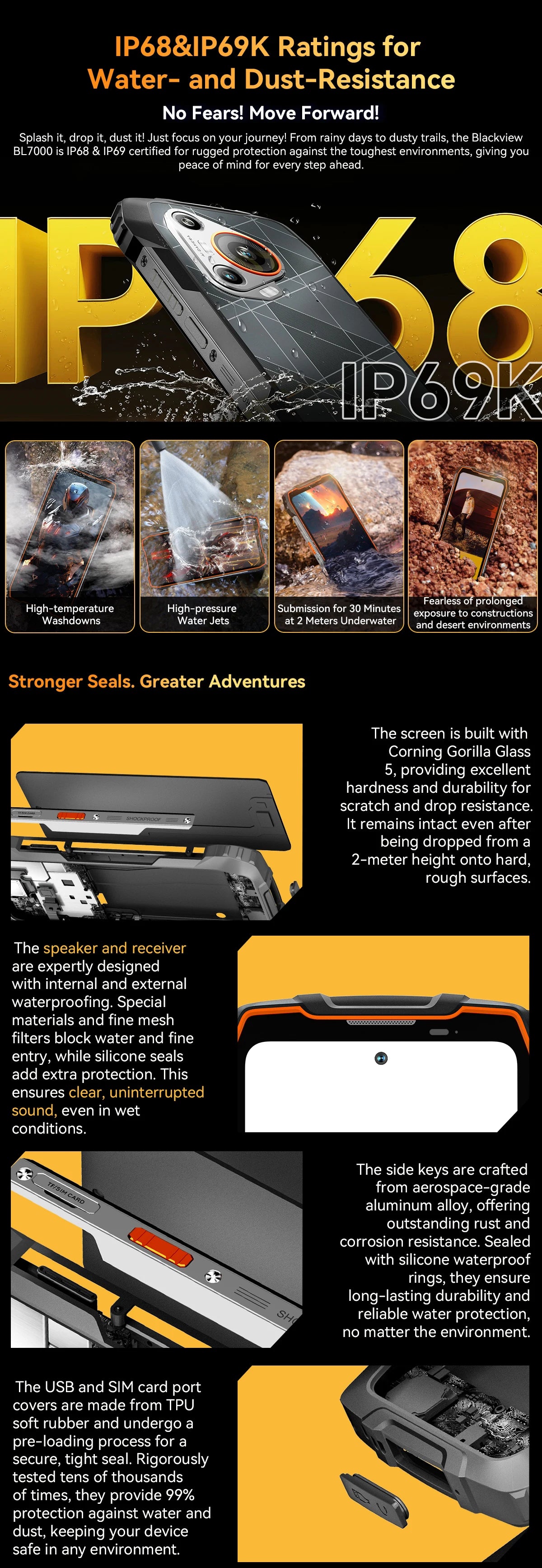 BLACKVIEW BL7000 5G AI Rugged Phone Deepseek GPT Android 15 Smartphone, 6.78" HD+2.4K Display 120Hz, 8GB RAM 256GB, 7500Amh
