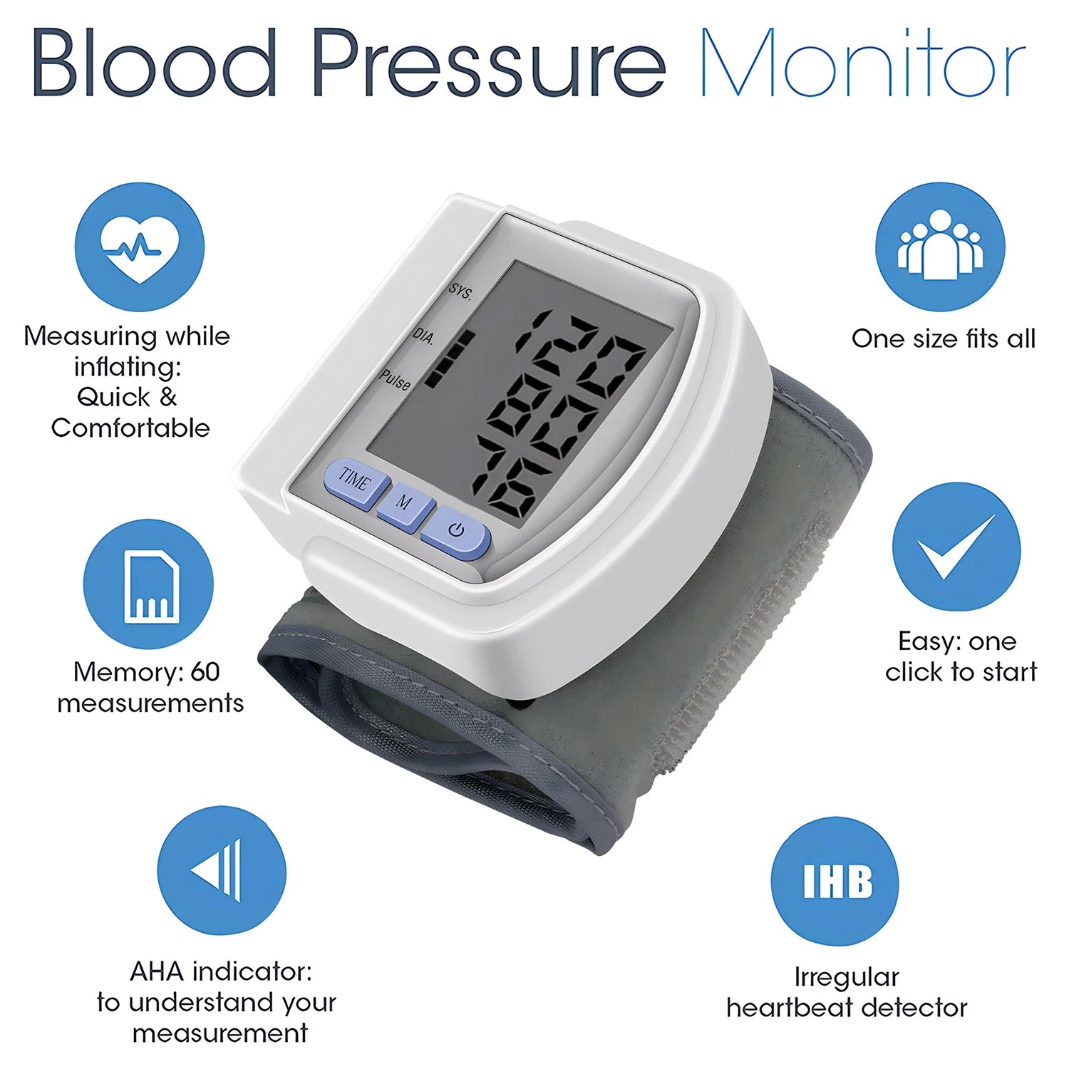 Portable Wrist Blood Pressure Monitor Automatic Digital Sphygmomanometer Detects Heart Rate Pulse BP Monitor