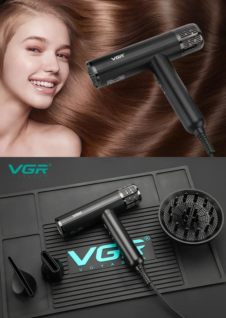 VGR V-427 black professional leafless ionic hair dryer with diffuser and concentrator nozzle attachments.