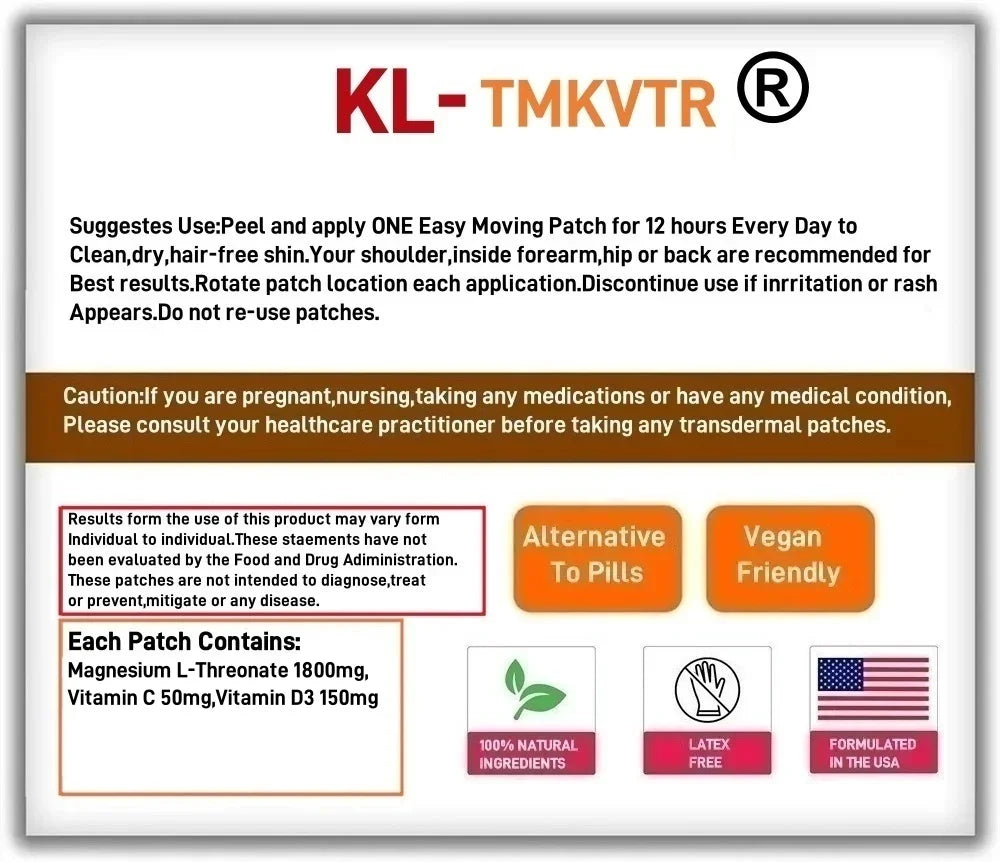 30 Patches Magnesium L-Threonate Transdermal Patches with Vitamin C & D3 for Sleep, Cognition and Energy Support