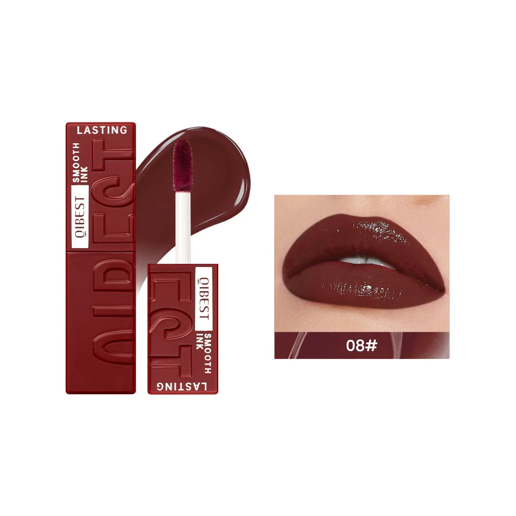 QIBEST #08 dark red mirror lip glaze, waterproof long-lasting liquid lipstick with a glossy, moisturizing finish.