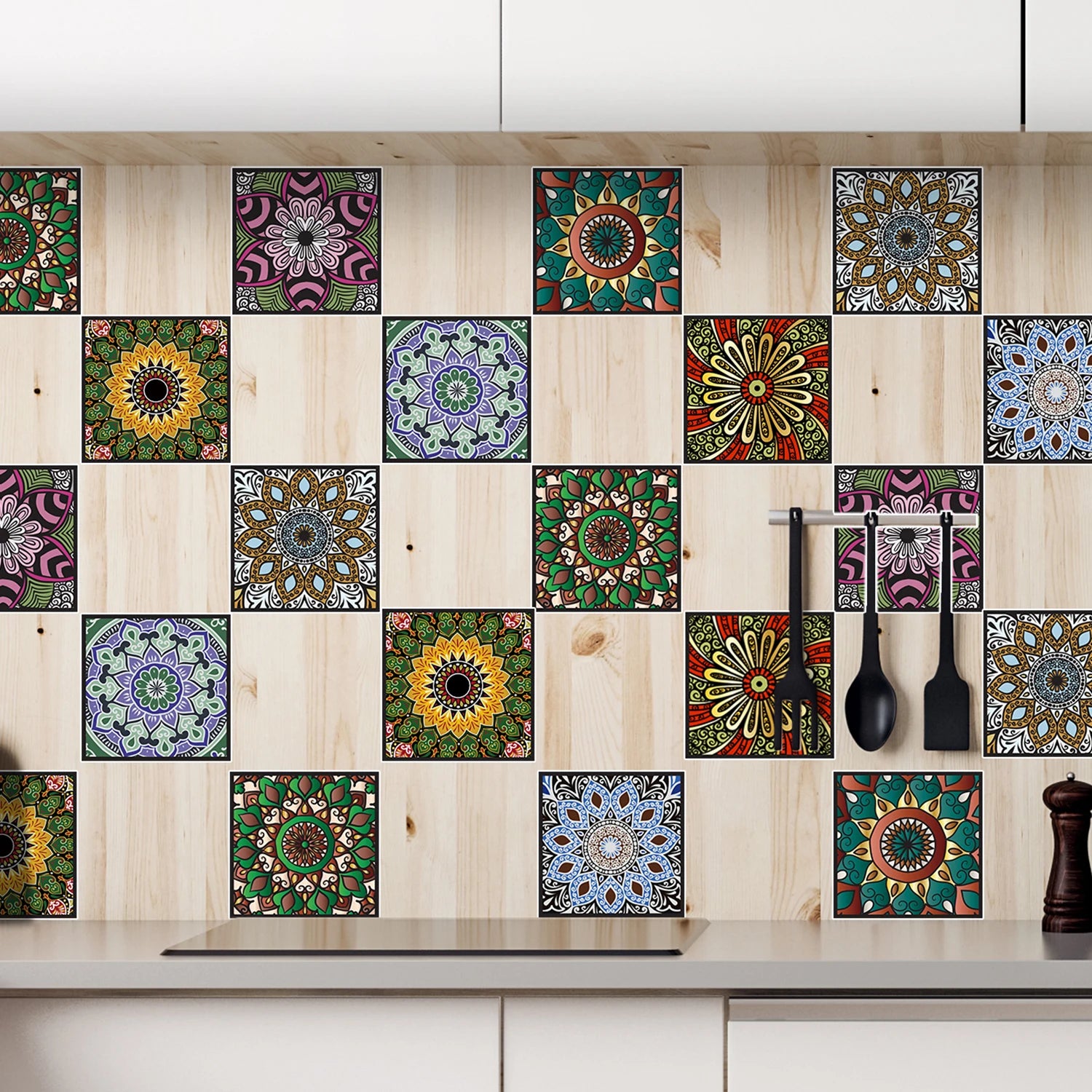 10 pcs/pack, Floral Mandala PVC Self-Adhesive Tile Stickers - Waterproof, Oil-Proof, Easy to Clean for Home Decoration