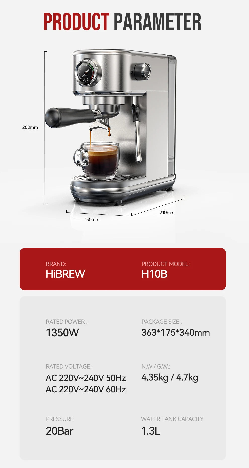 HiBREW H10B stainless steel espresso machine with 20-bar pressure, 1.3L water tank, and compact design specifications.
