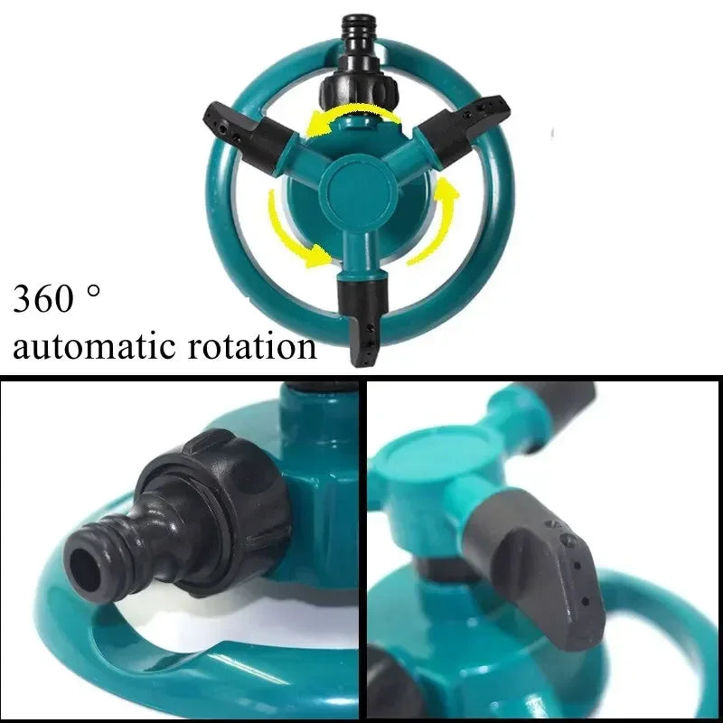 Teal rotating sprinkler head with 360° automatic rotation arrows on a circular base.