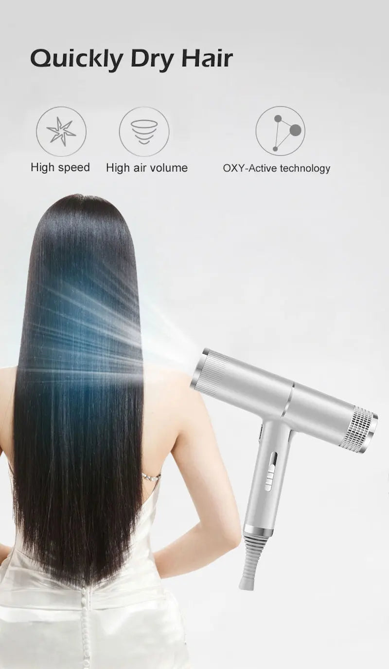 Silver leafless ionic hair dryer with quick-dry high-speed airflow, temperature control, and OXY-active technology.