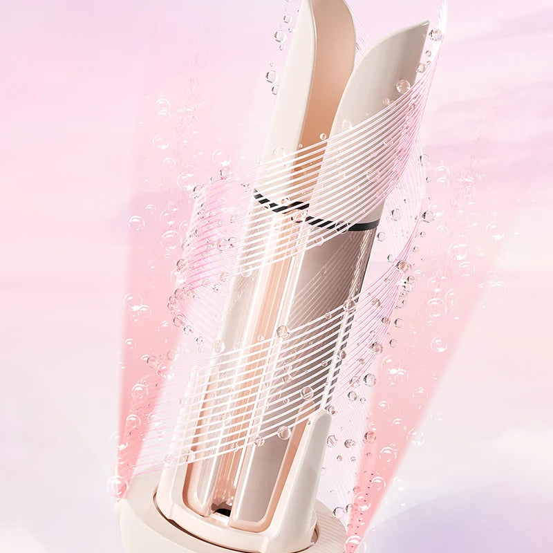 Beige automatic curling iron with ionic hair care tech, fast heating, and anti-tangle design for salon styling.