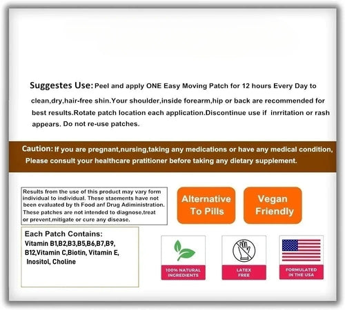 Back label for vitamin B complex transdermal patches with ingredients and cautions