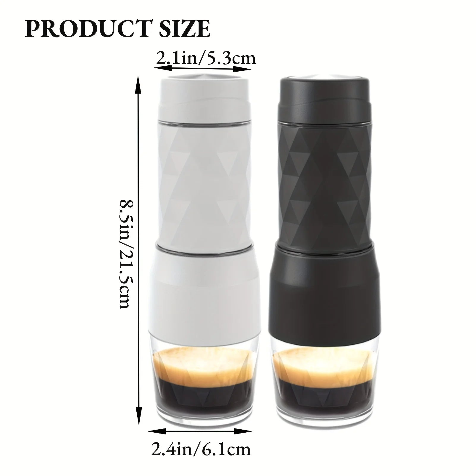 Portable manual espresso maker in black and white with 8.5-inch height and textured geometric design.