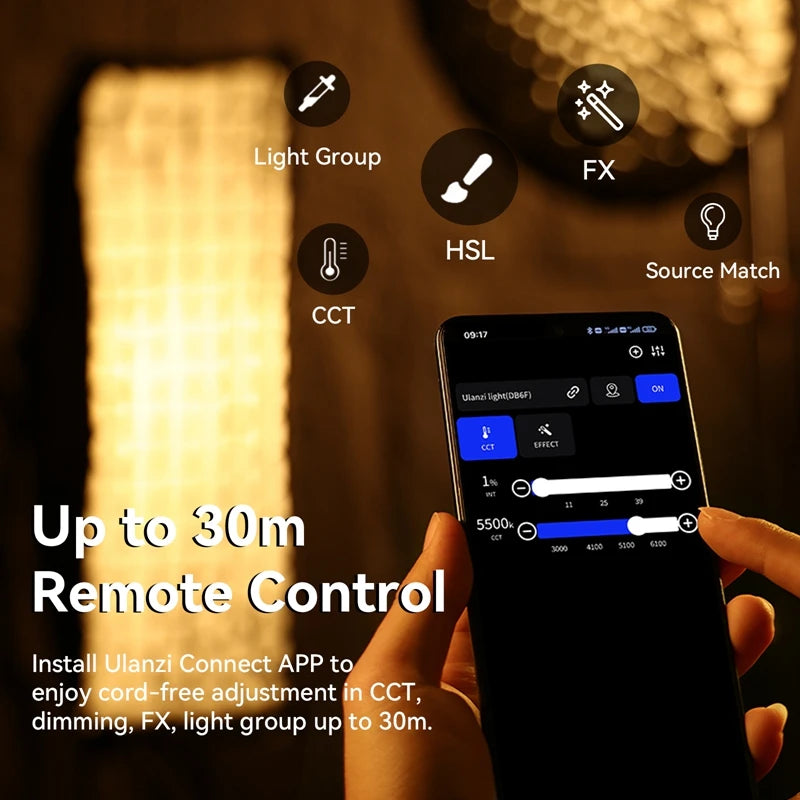 Smartphone screen showing a lighting control app with sliders for adjusting color temperature, brightness, and effects.