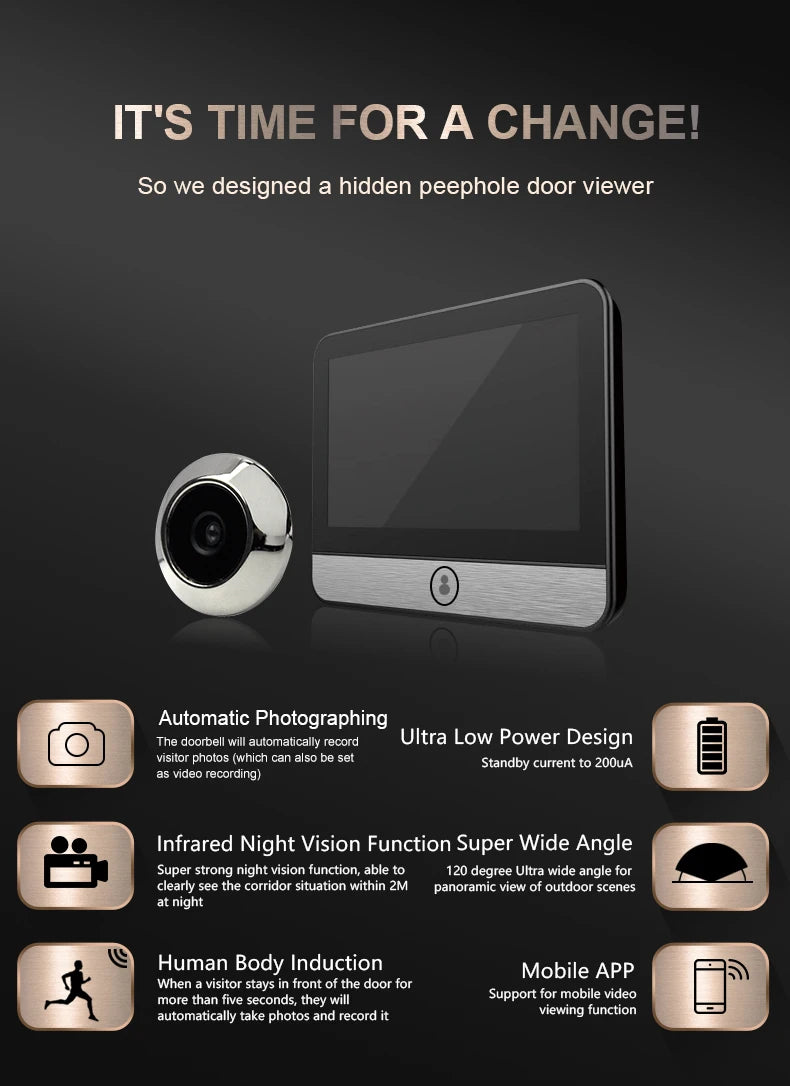 Damini 4.3'' HD Video Electronic Doorbell Smart Camera Cat Eye Night Vision Human Body Detection Automatic Capture Eye Peephole