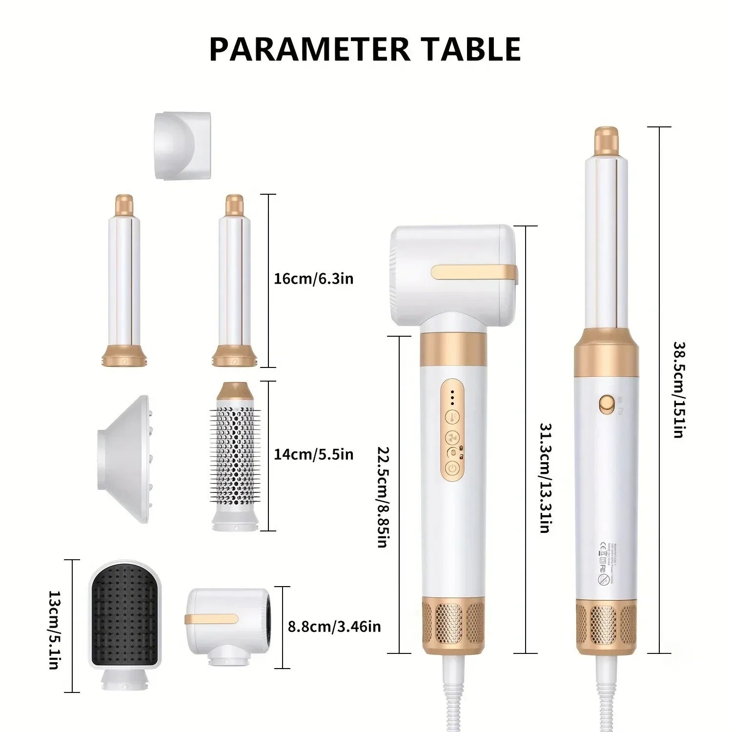 TINSOL 7-in-1 hair dryer and curling set in white and gold with various styling attachments and size dimensions.