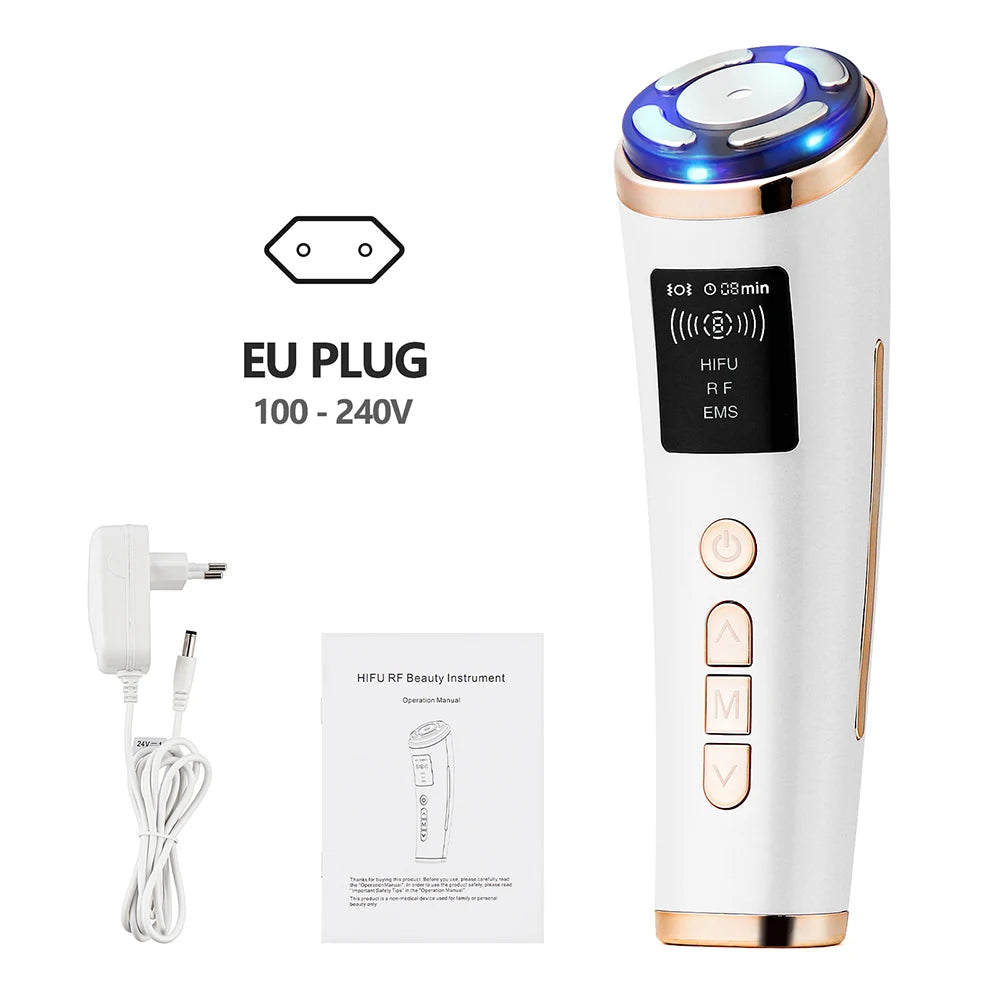 White and gold mini HIFU facial device with display, EU plug power adapter, and instruction manual.