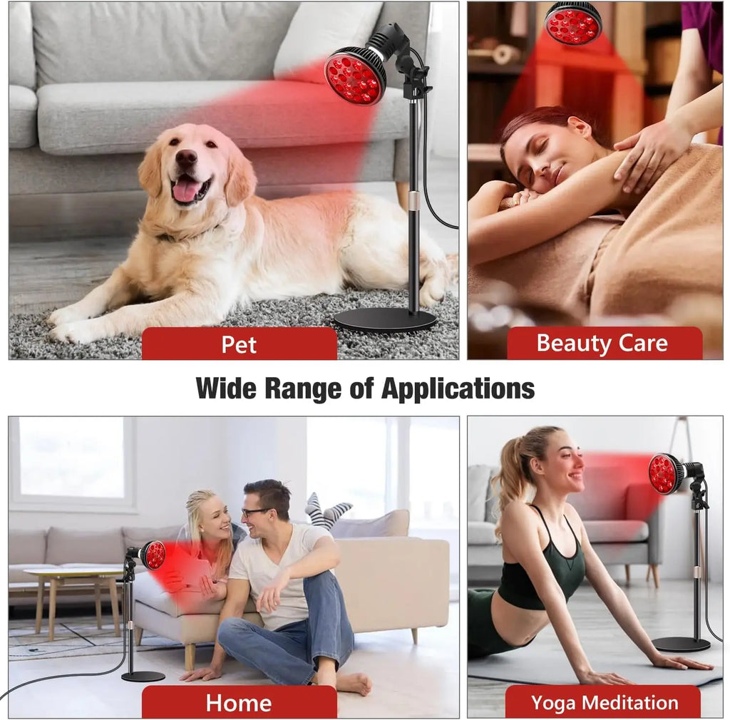 Red light therapy lamp with stand for skin health, muscle pain, and joint relief, showing various home use scenarios.