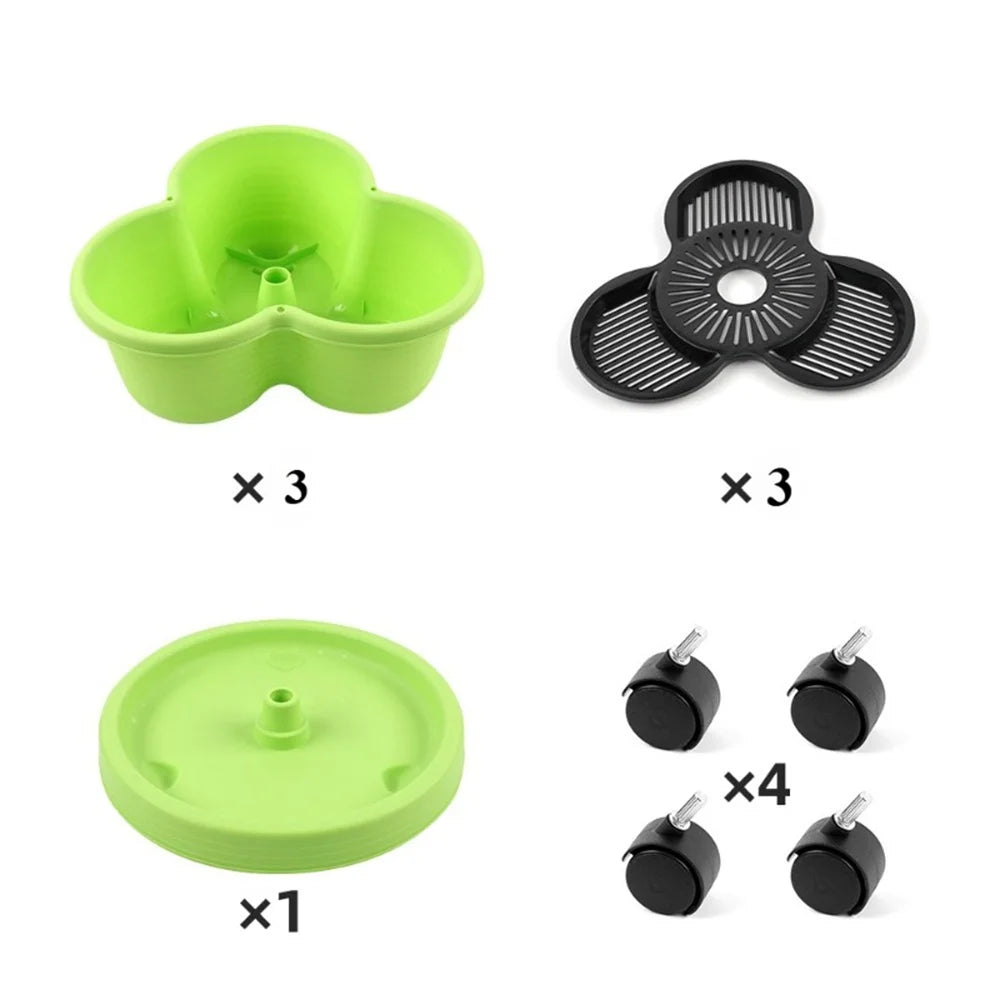 Green vertical garden planter components set with multi-pot insert and caster wheels