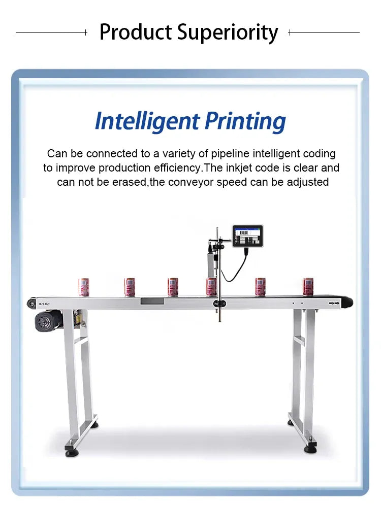 Industrial online inkjet printer on conveyor line with control screen and mounted nozzles