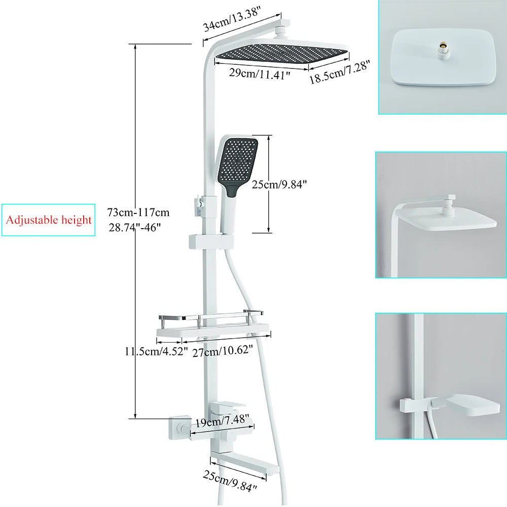White Bathroom Shower Faucet Set Long Spout Rotation 3 Function Rainfall Headshower With Shelf Hot Cold Shower Mixer Tap System