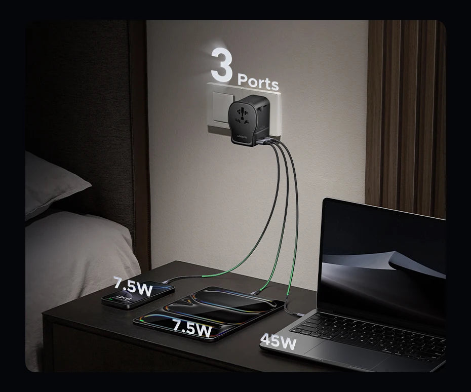 UGREEN 65W Universal Travel Adapter 2 USB-C 1 USB-A AC Socket GaN Charger Certified CE FCC UKCA TÜV For EU US UK Grounded Plug