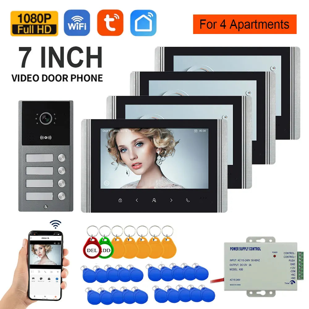7 inch video door phone set with multiple indoor monitors, outdoor door panel, cables