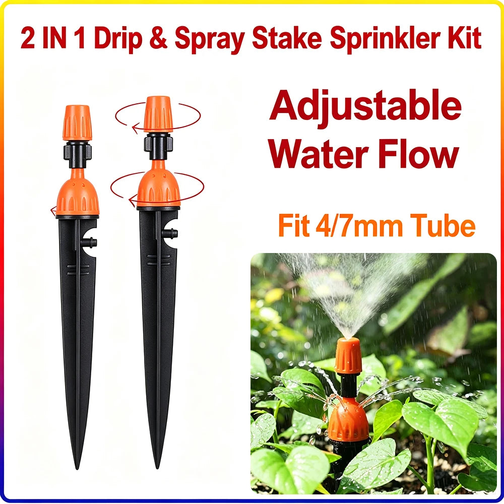 Orange and black 2-in-1 drip & spray stake sprinkler kit with adjustable flow