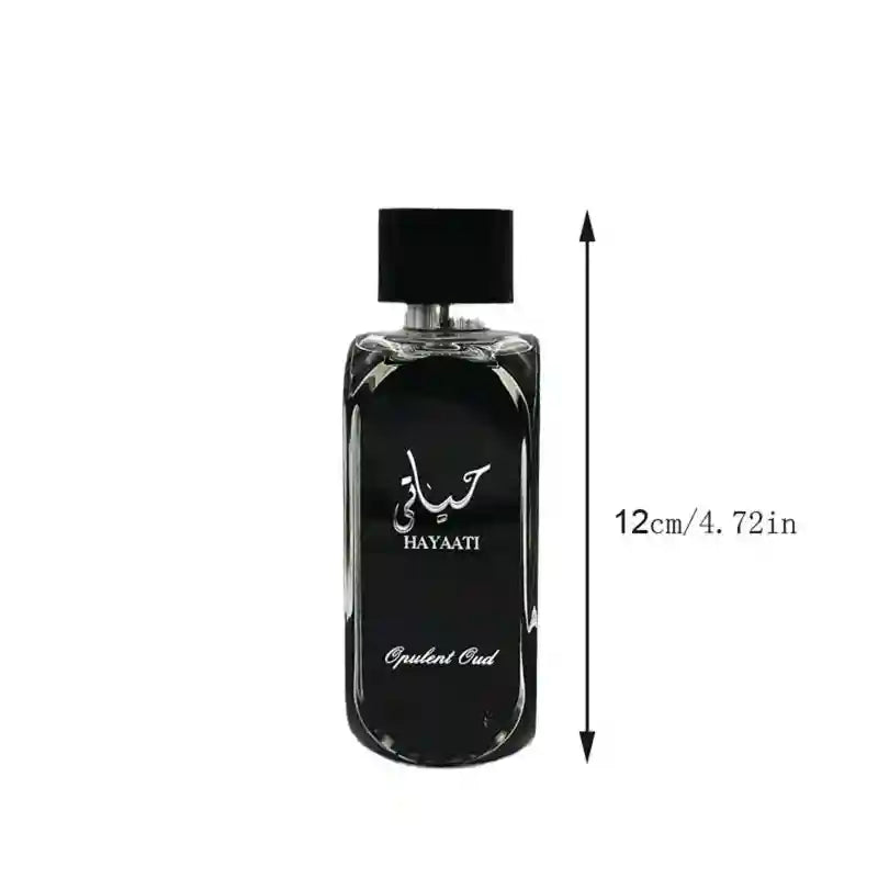 Hayaati Opulent Oud men’s perfume: sleek black rectangular glass bottle, long-lasting Arabic aromatic oud fragrance.