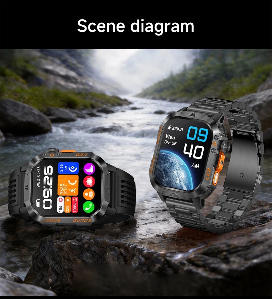 New 1200 mAh Battery Rugged Military Smartwatch Men 5ATM Waterproof Fitness Tracker Health Monitor 100+Sports Call Smart Watches