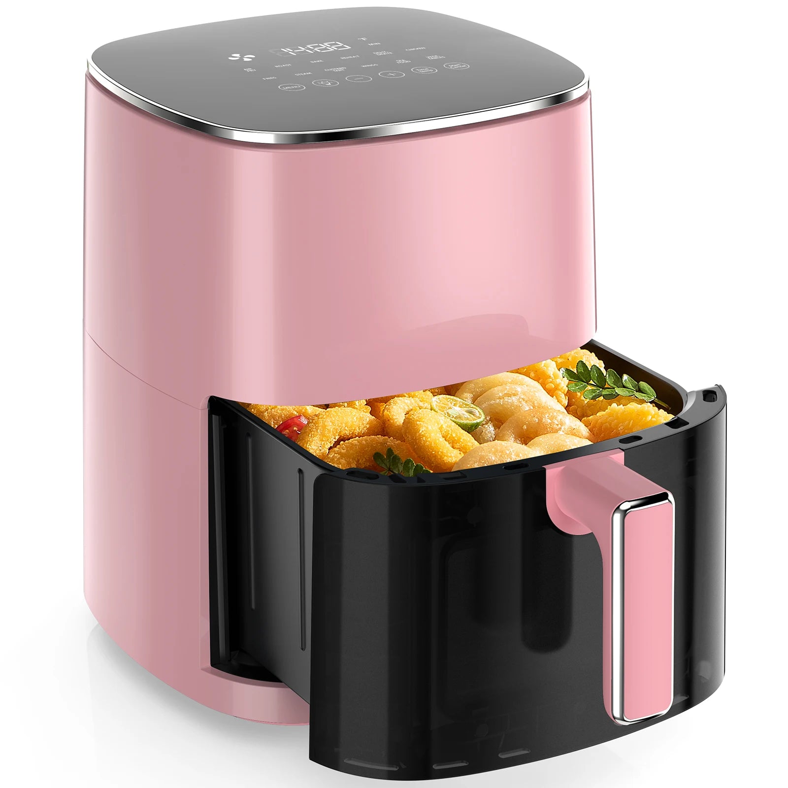 Pink square air fryer with open black crisper basket and front handle