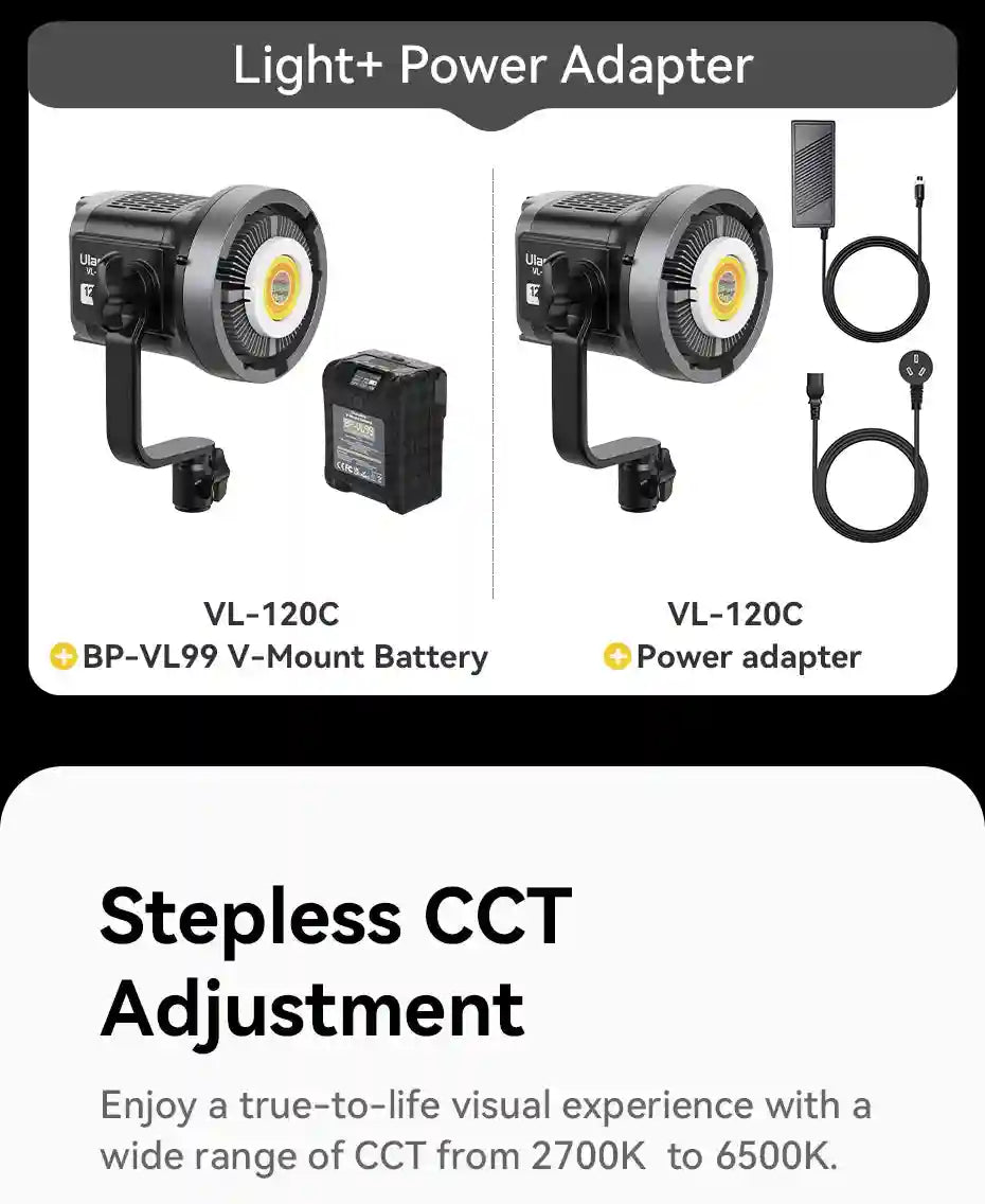VL-120C LED video light kit with adjustable color temperature, including either a V-mount battery or power adapter.