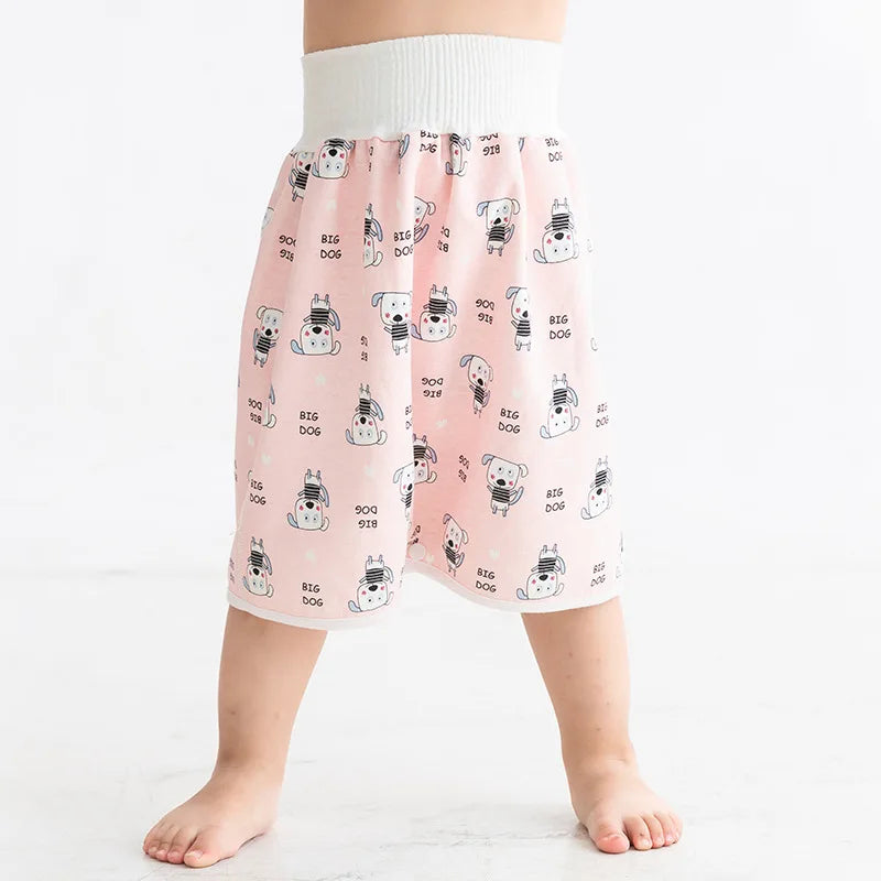 Pink baby cloth diaper skirt with Big Dog print, high-waisted potty training cover for toddlers.