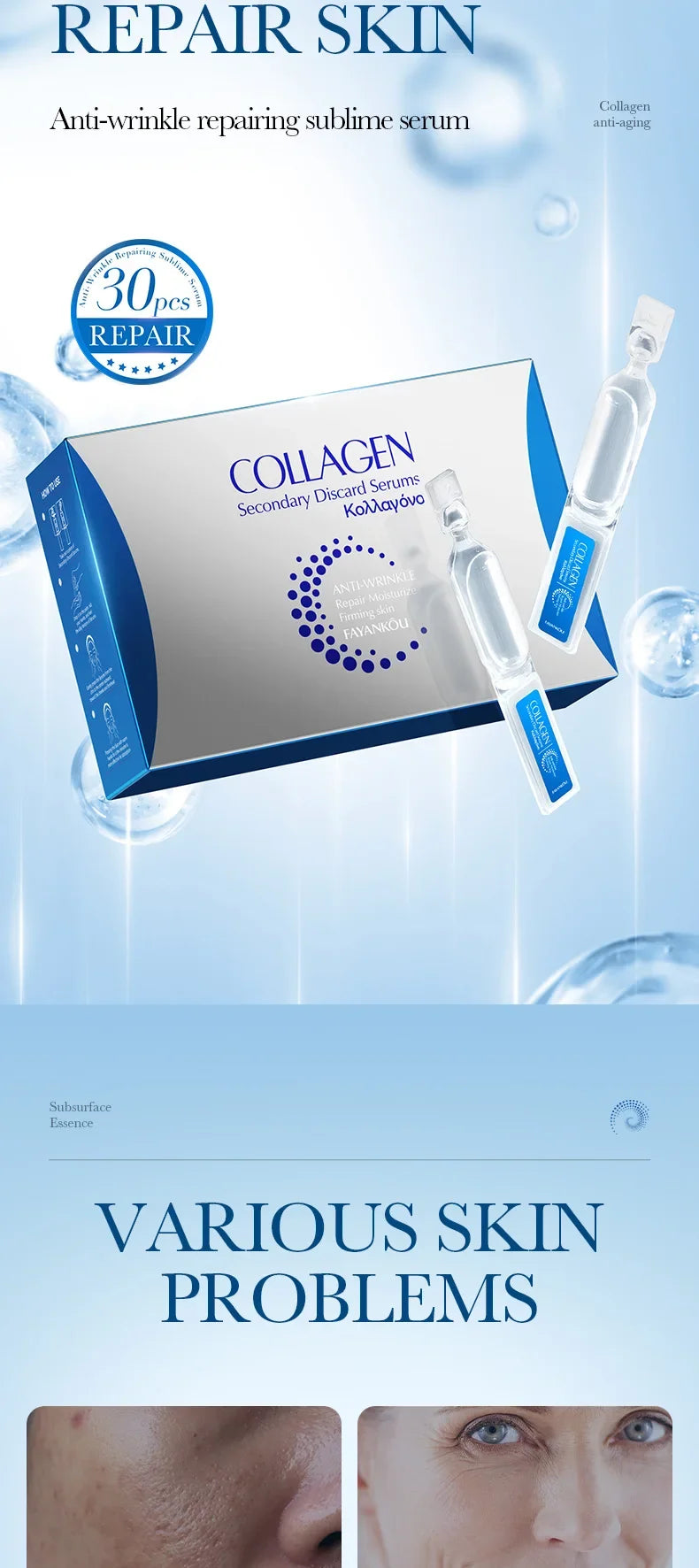 Box of 30 single-use collagen serum ampoules in silver and blue packaging against a light blue, bubbly background.