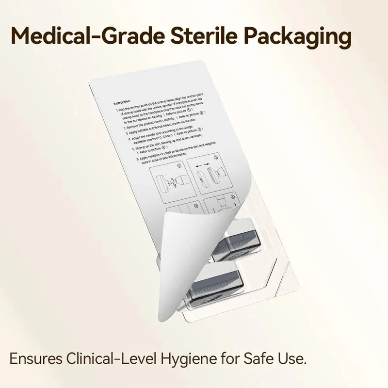 Sterile packaging for double-headed adjustable derma stamp microneedling pen for beard and hair growth.