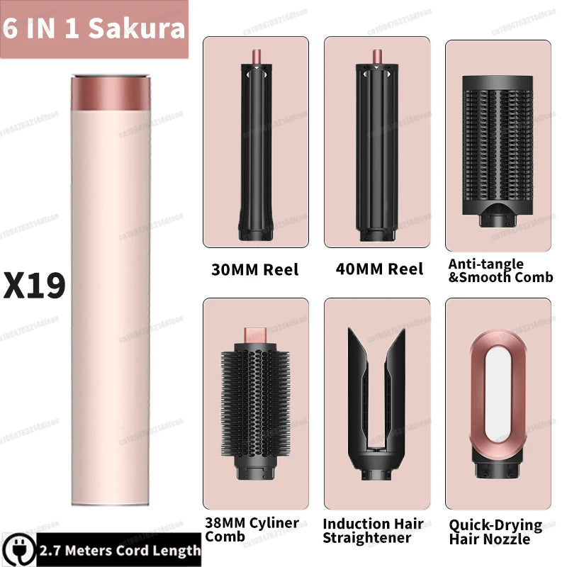 Sakura pink 6-in-1 multi hair styler set with auto curling barrels, smoothing brushes, dryer nozzle, and straightener.