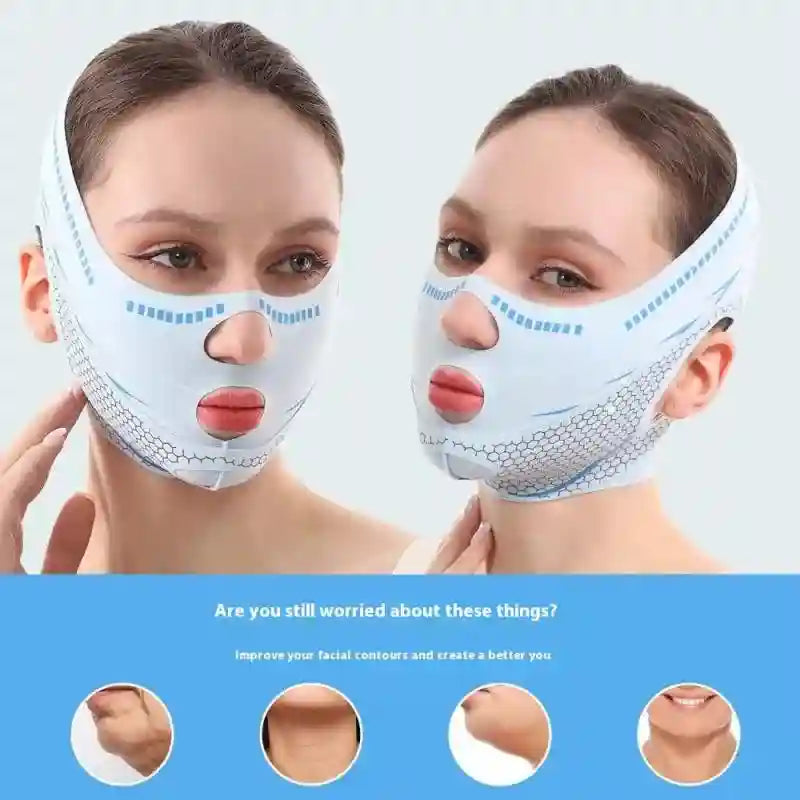 A woman wears a light blue V-line face slimming strap with honeycomb patterns and cutouts for the nose and mouth.
