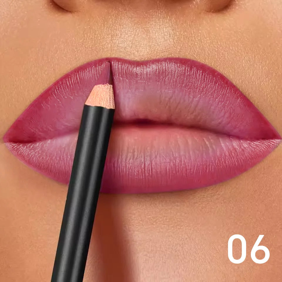 Waterproof matte lip liner pencil (shade 06) applying rich pink pigment to lips for a long-lasting, non-transfer finish.