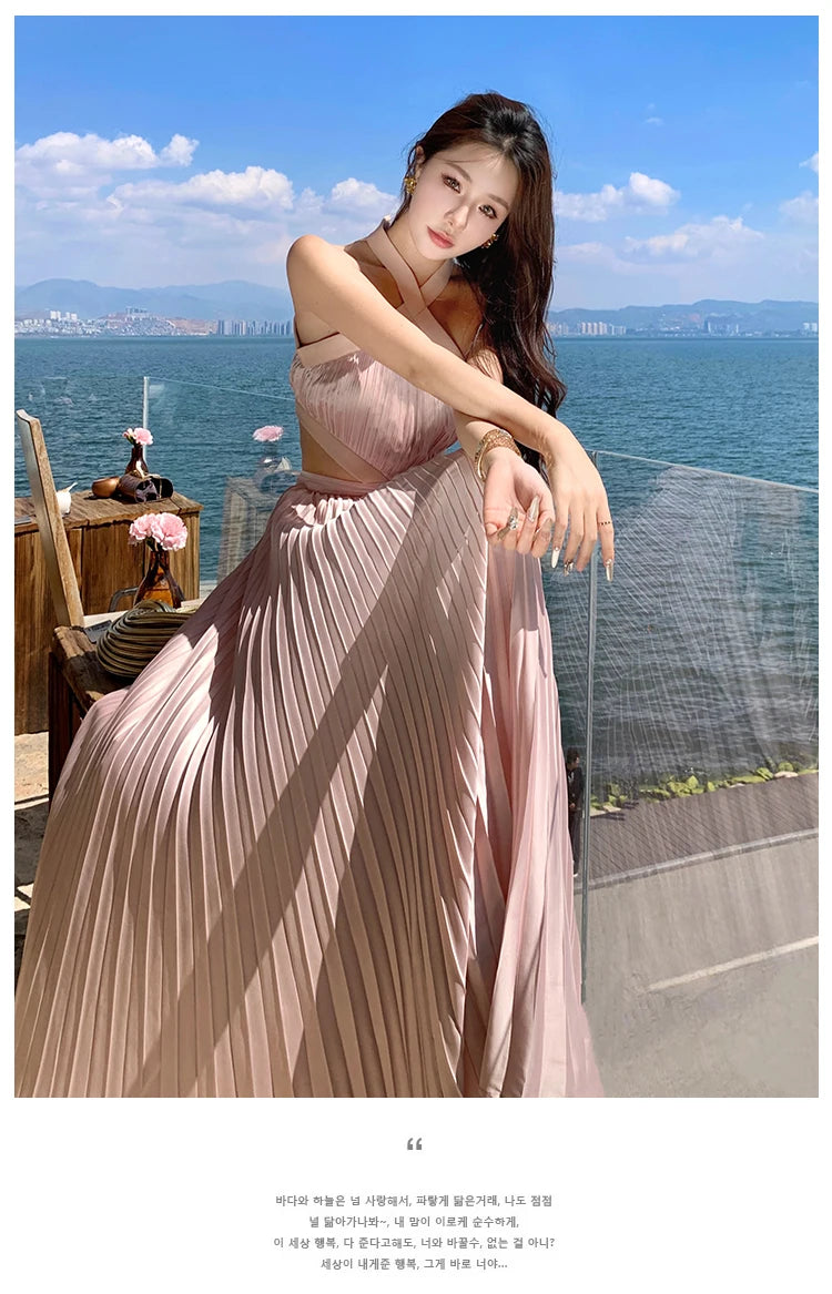 New Sexy Club Birthday Party Pleated Robe Long Dresses Women Summer Halter Neck Sleeveless Off The Shoulder Holiday Beach Dress