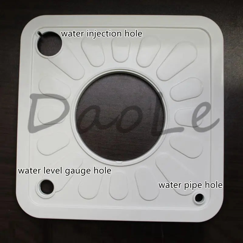 White hydroponic water tank base showing water injection, level gauge, and pipe holes