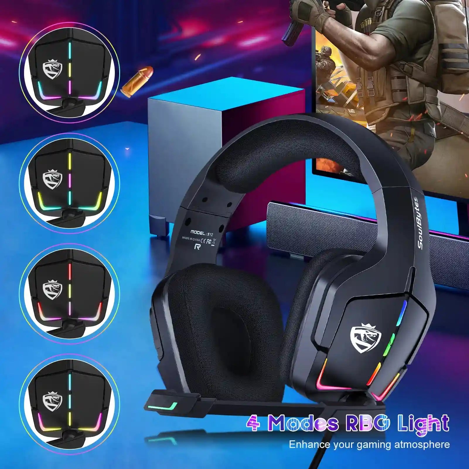 Wired Gaming Headphones with Mic - Surround Sound Over-Ear Black Tidesmit