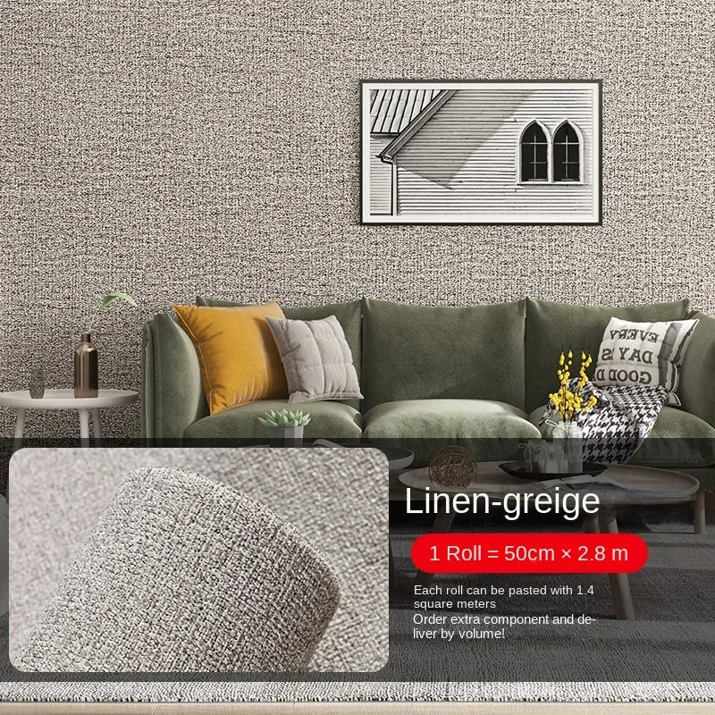 Self-adhesive textured wall panel wallpaper roll, linen greige; roll and surface detail