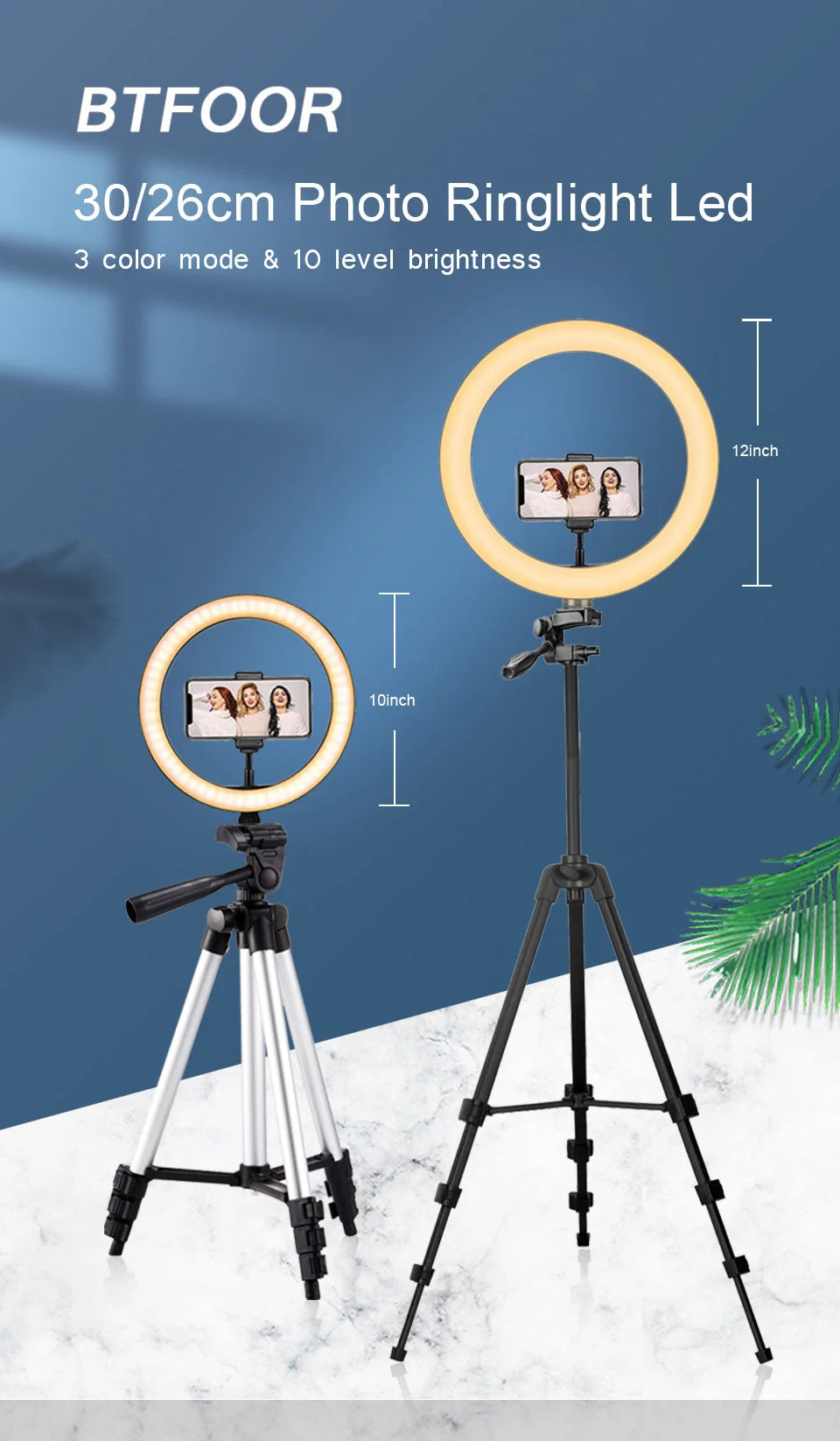Two 10-inch and 12-inch circular LED ring lights with phone mounts on adjustable tripod stands for photography.