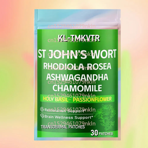 Green pouch of 30 ashwagandha adaptogen stress relief transdermal patches for restoration and brain wellness support.