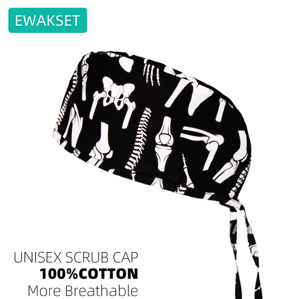 Adjustable black cotton scrub cap with skeleton print, ideal for vet, medical, and dental professionals. Comfortable fit.